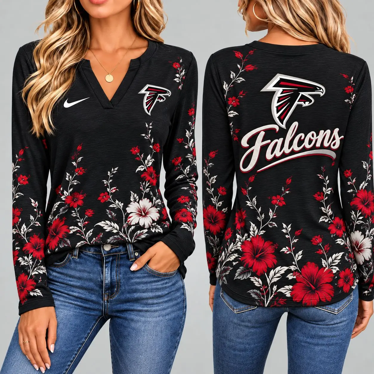 Atlanta Falcons | Premium NFL Vintage Floral V-Neck Long Sleeve Fan Shirt