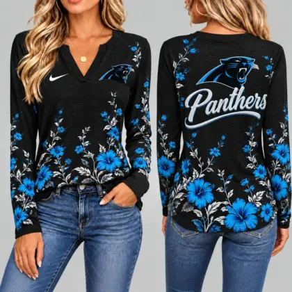 Carolina Panthers | Premium NFL Vintage Floral V-Neck Long Sleeve Fan Shirt