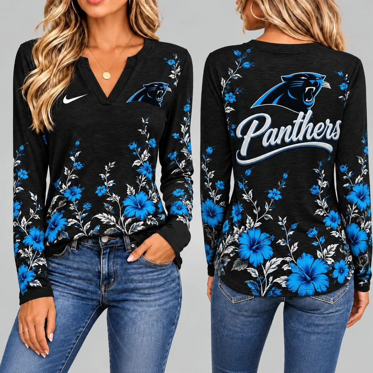 Carolina Panthers | Premium NFL Vintage Floral V-Neck Long Sleeve Fan Shirt