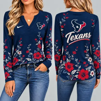 Houston Texans | Premium NFL Vintage Floral V-Neck Long Sleeve Fan Shirt