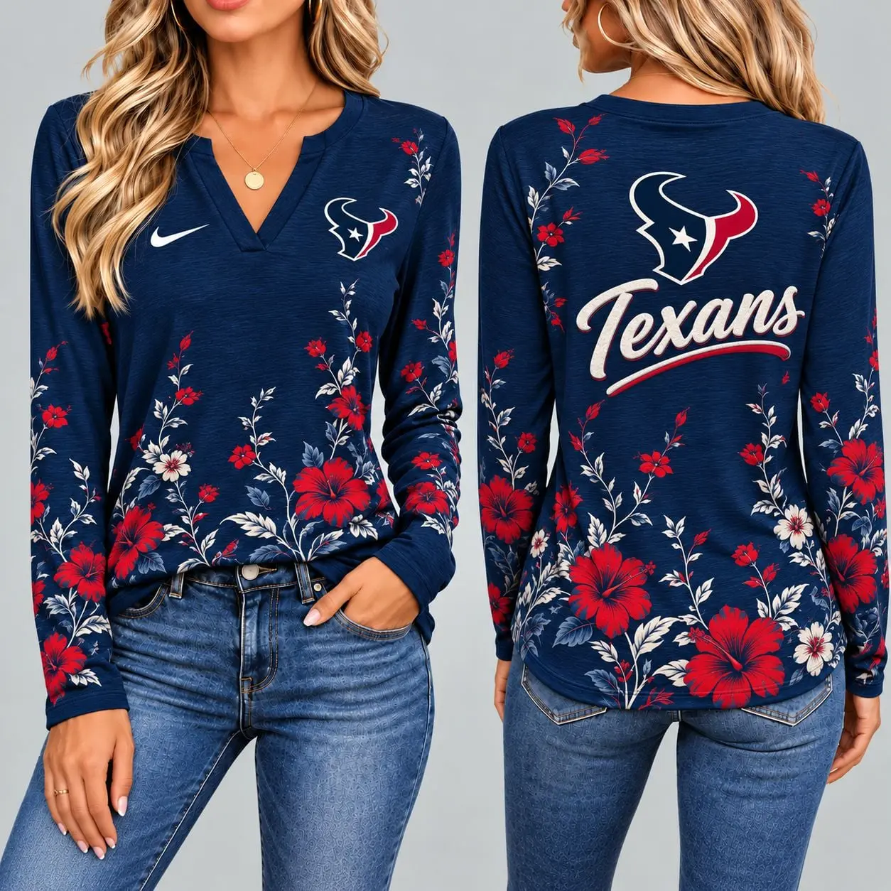 Houston Texans | Premium NFL Vintage Floral V-Neck Long Sleeve Fan Shirt