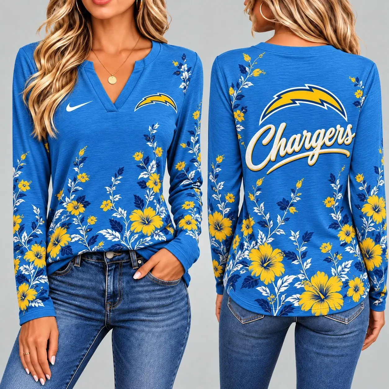 Los Angeles Chargers | Premium NFL Vintage Floral V-Neck Long Sleeve Fan Shirt