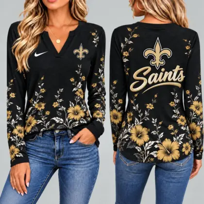 New Orleans Saints | Premium NFL Vintage Floral V-Neck Long Sleeve Fan Shirt