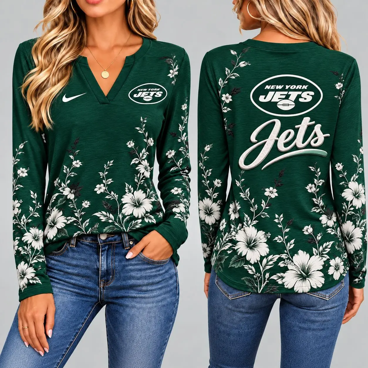 New York Jets | Premium NFL Vintage Floral V-Neck Long Sleeve Fan Shirt