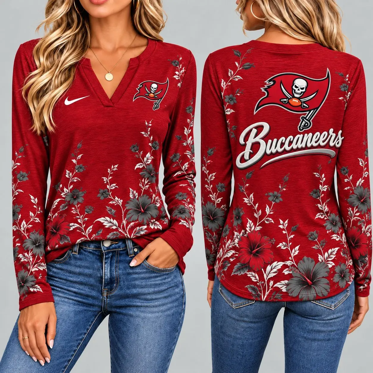 Tampa Bay Buccaneers | Premium NFL Vintage Floral V-Neck Long Sleeve Fan Shirt