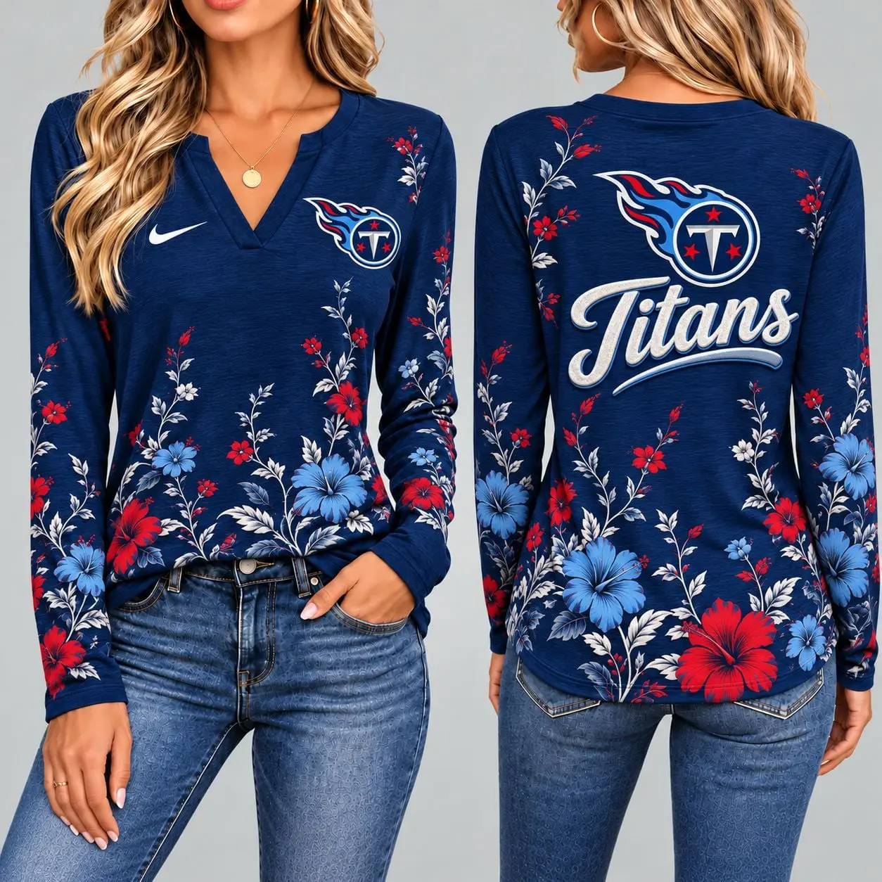 Tennessee Titans | Premium NFL Vintage Floral V-Neck Long Sleeve Fan Shirt