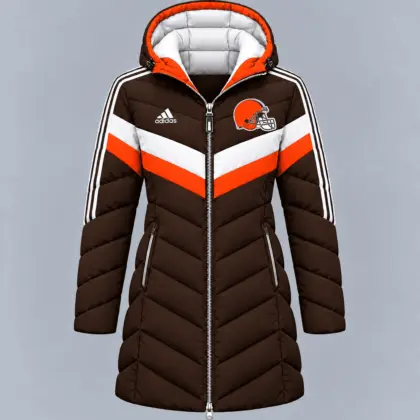 Cleveland Browns | Premium NFL Luxe Winter Elegance Long Hooded Puffer Coat NTH1
