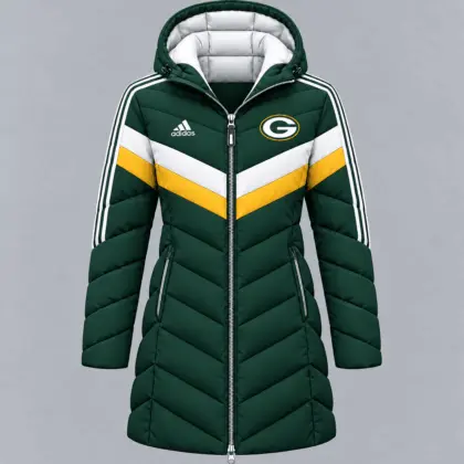 Green Bay Packers | Premium NFL Luxe Winter Elegance Long Hooded Puffer Coat NTH1