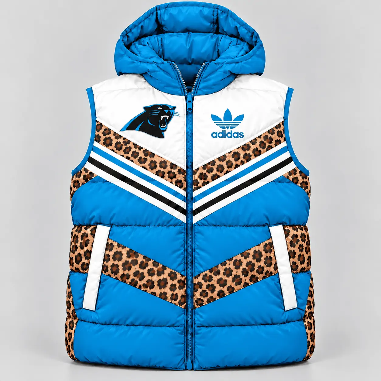 Carolina Panthers | Premium NFL Luxe Leopard Elegance Hooded Puffer Vest NTH1