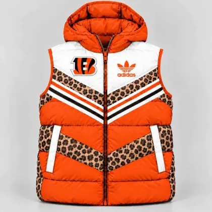 Cincinnati Bengals | Premium NFL Luxe Leopard Elegance Hooded Puffer Vest NTH1