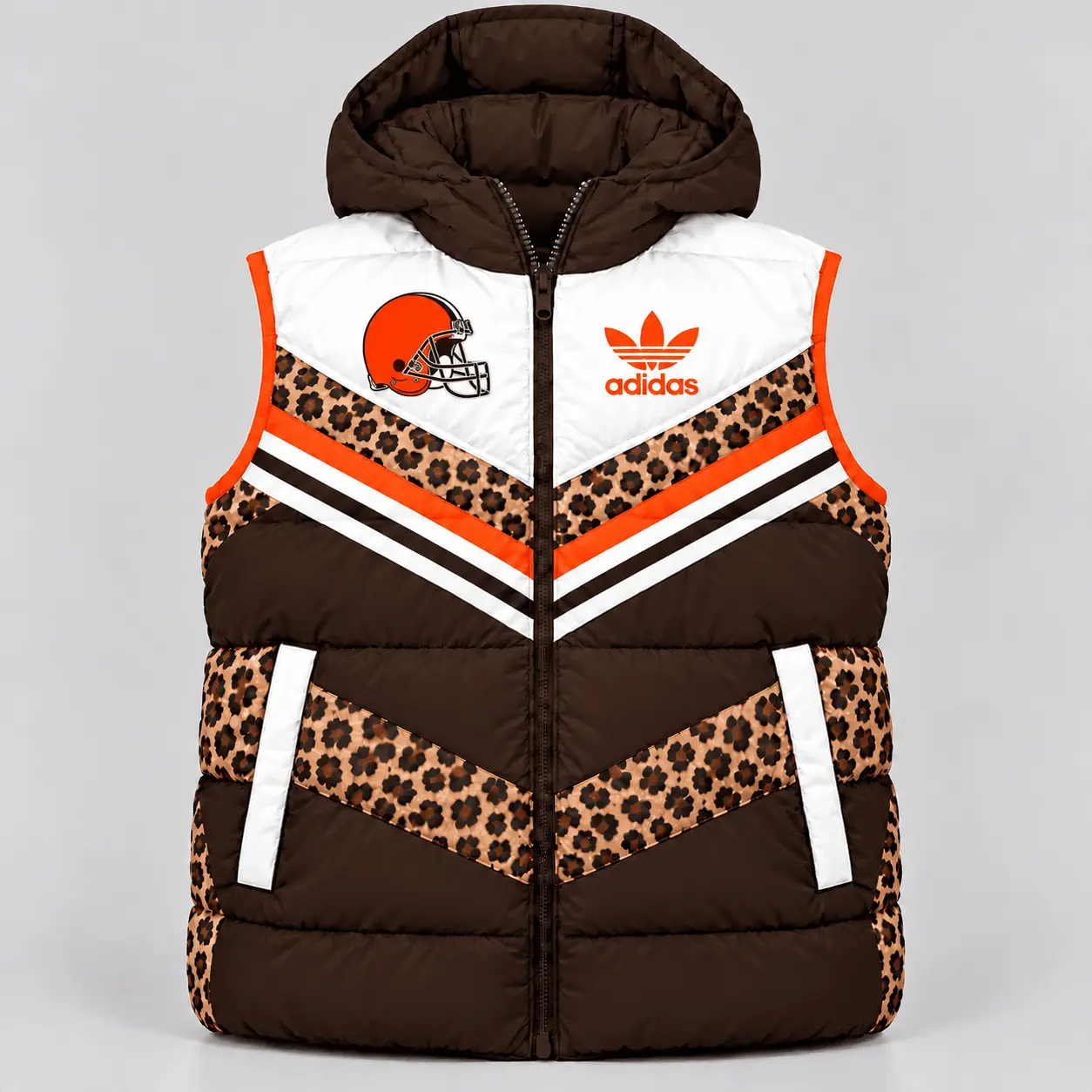 Cleveland Browns | Premium NFL Luxe Leopard Elegance Hooded Puffer Vest NTH1