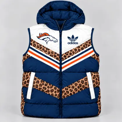 Denver Broncos | Premium NFL Luxe Leopard Elegance Hooded Puffer Vest NTH1