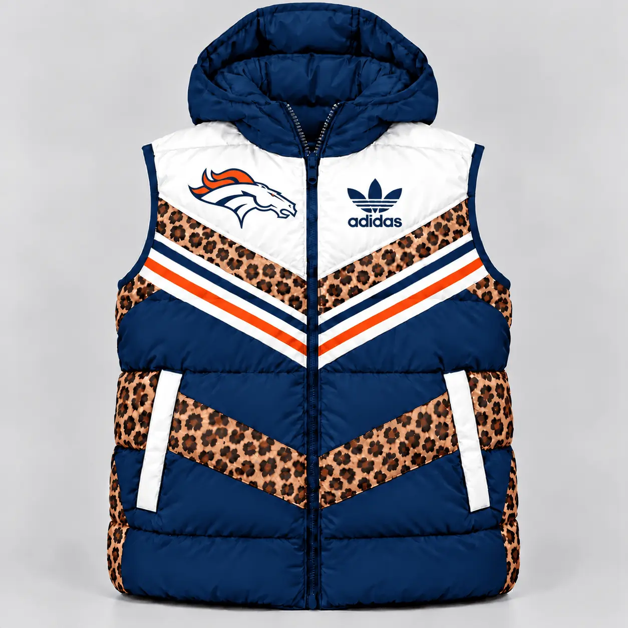 Denver Broncos | Premium NFL Luxe Leopard Elegance Hooded Puffer Vest NTH1