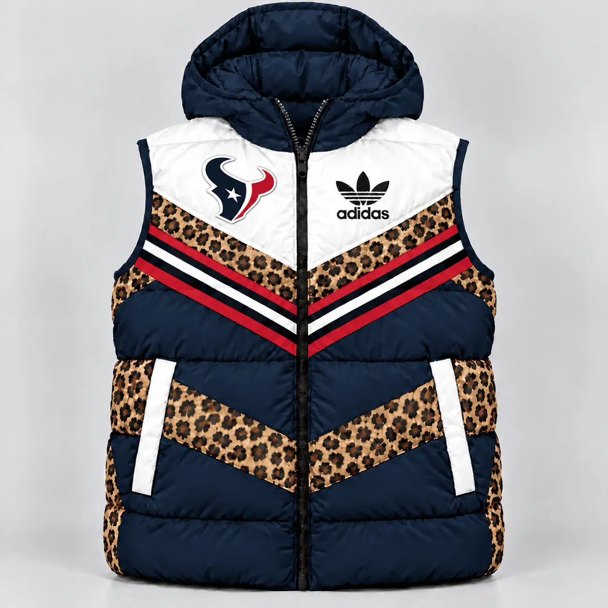 Houston Texans | Premium NFL Luxe Leopard Elegance Hooded Puffer Vest NTH1