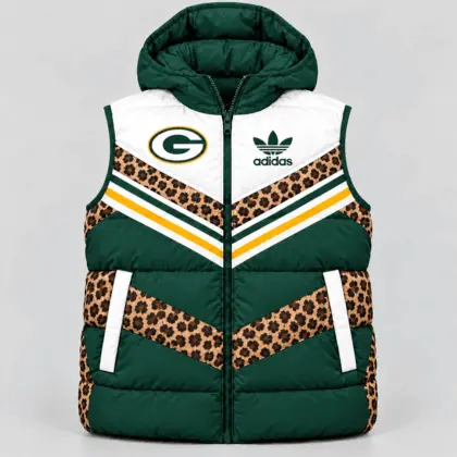 Green Bay Packers | Premium NFL Luxe Leopard Elegance Hooded Puffer Vest NTH1