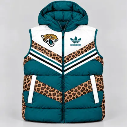 Jacksonville Jaguars | Premium NFL Luxe Leopard Elegance Hooded Puffer Vest NTH1