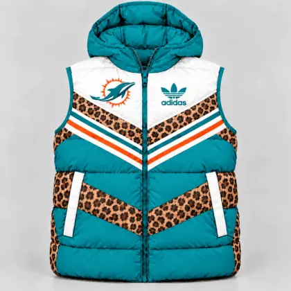 Miami Dolphins | Premium NFL Luxe Leopard Elegance Hooded Puffer Vest NTH1