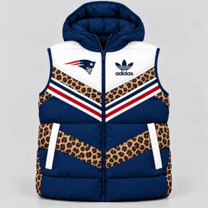 New England Patriots | Premium NFL Luxe Leopard Elegance Hooded Puffer Vest NTH1