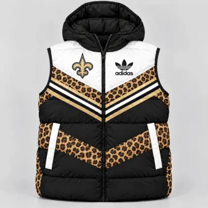 New Orleans Saints | Premium NFL Luxe Leopard Elegance Hooded Puffer Vest NTH1