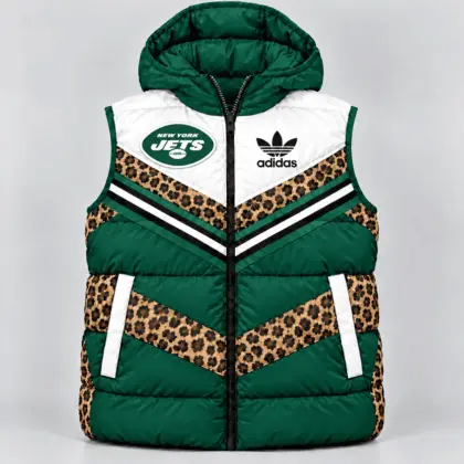 New York Jets | Premium NFL Luxe Leopard Elegance Hooded Puffer Vest NTH1