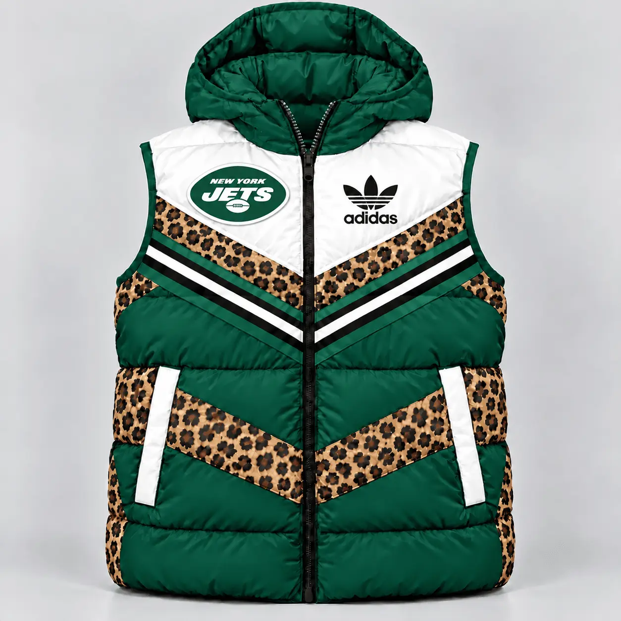 New York Jets | Premium NFL Luxe Leopard Elegance Hooded Puffer Vest NTH1