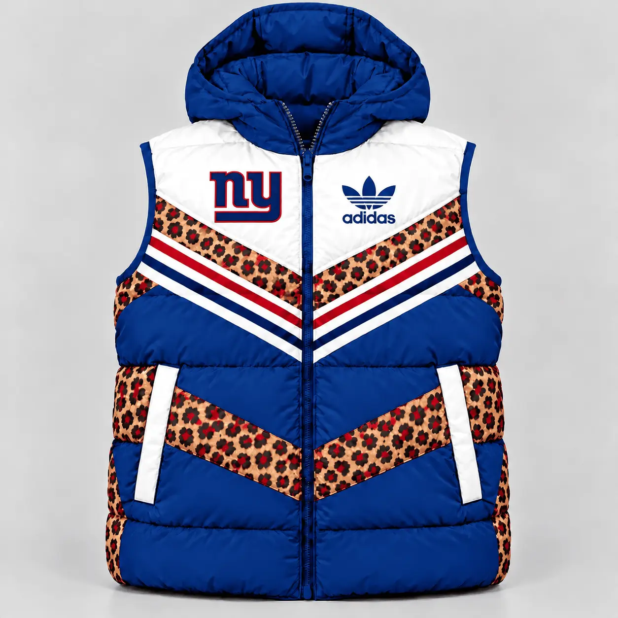 New York Giants | Premium NFL Luxe Leopard Elegance Hooded Puffer Vest NTH1