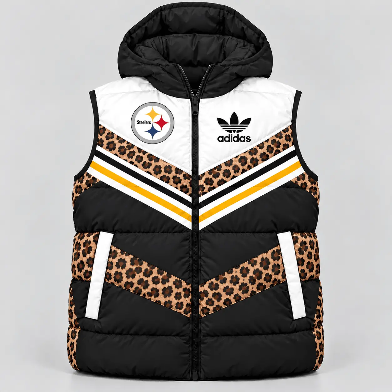 Pittsburgh Steelers | Premium NFL Luxe Leopard Elegance Hooded Puffer Vest NTH1