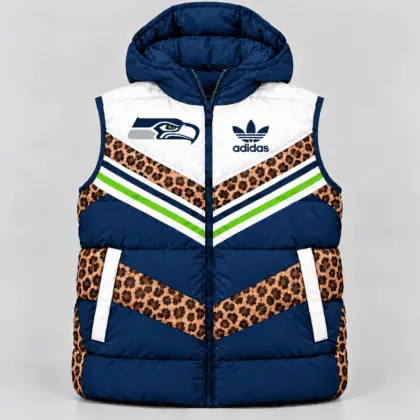 Seattle Seahawks | Premium NFL Luxe Leopard Elegance Hooded Puffer Vest NTH1