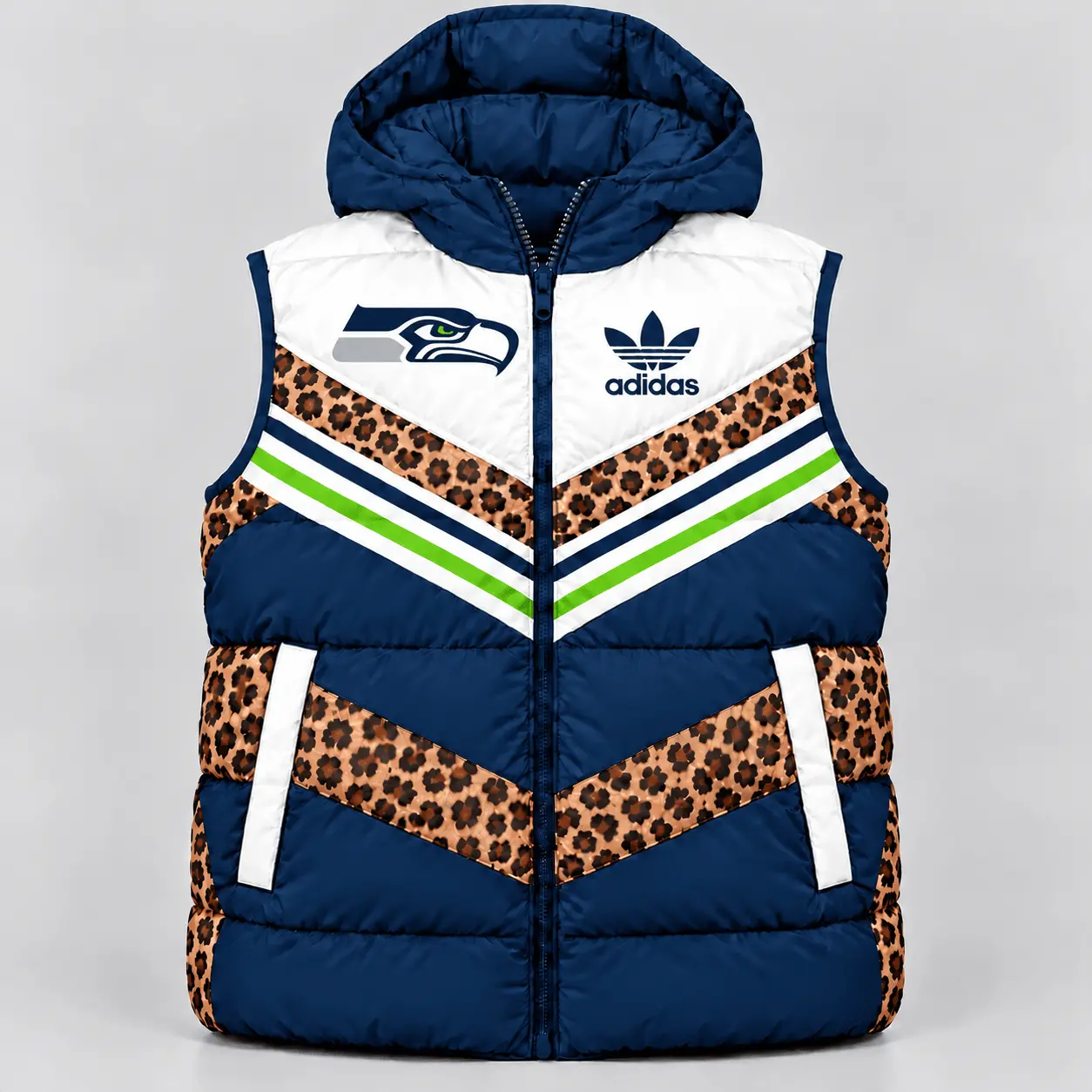 Seattle Seahawks | Premium NFL Luxe Leopard Elegance Hooded Puffer Vest NTH1