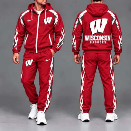 Wisconsin Badgers | Premium NCAA Elevate Performance Full-Zip Hooded Jacket & Jogger Pants Set NTH1