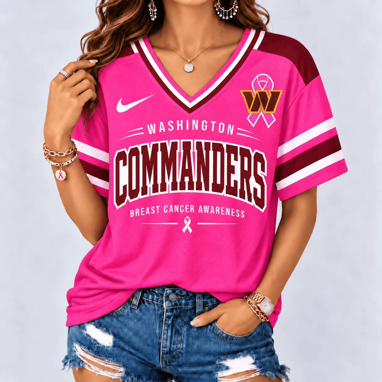 Washington Commanders | Premium NFL Pink Breast Cancer Awareness V-neck Shirt NY