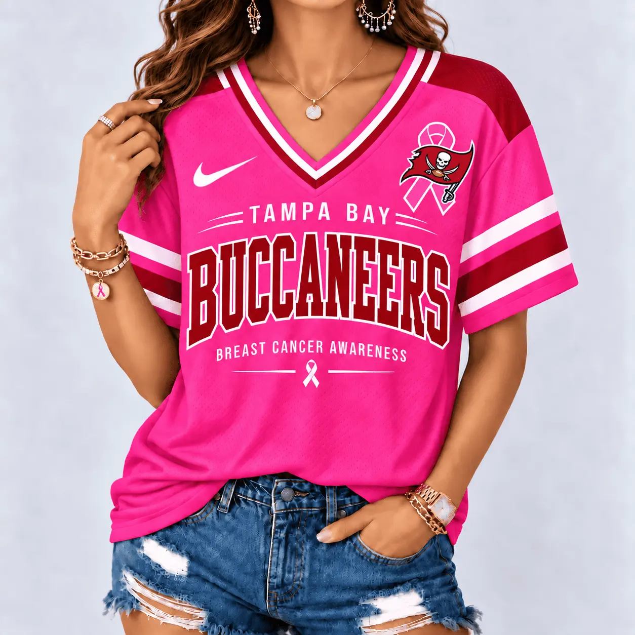 Tampa Bay Buccaneers | Premium NFL Pink Breast Cancer Awareness V-neck Shirt NY