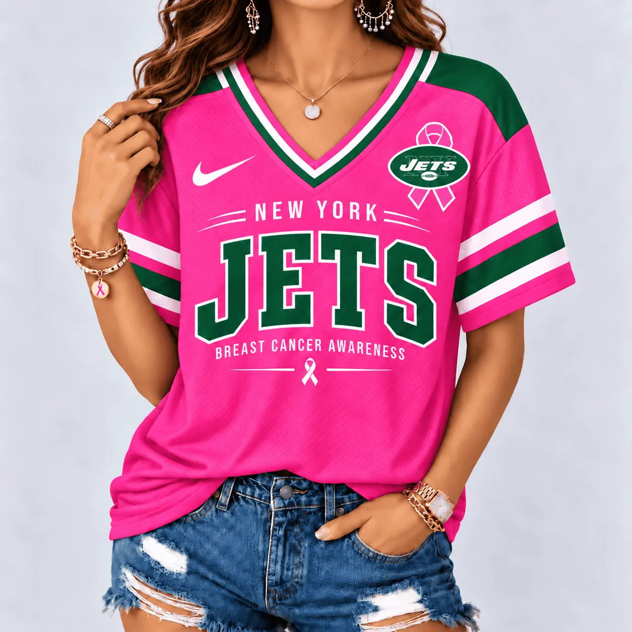New York Jets | Premium NFL Pink Breast Cancer Awareness V-neck Shirt NY