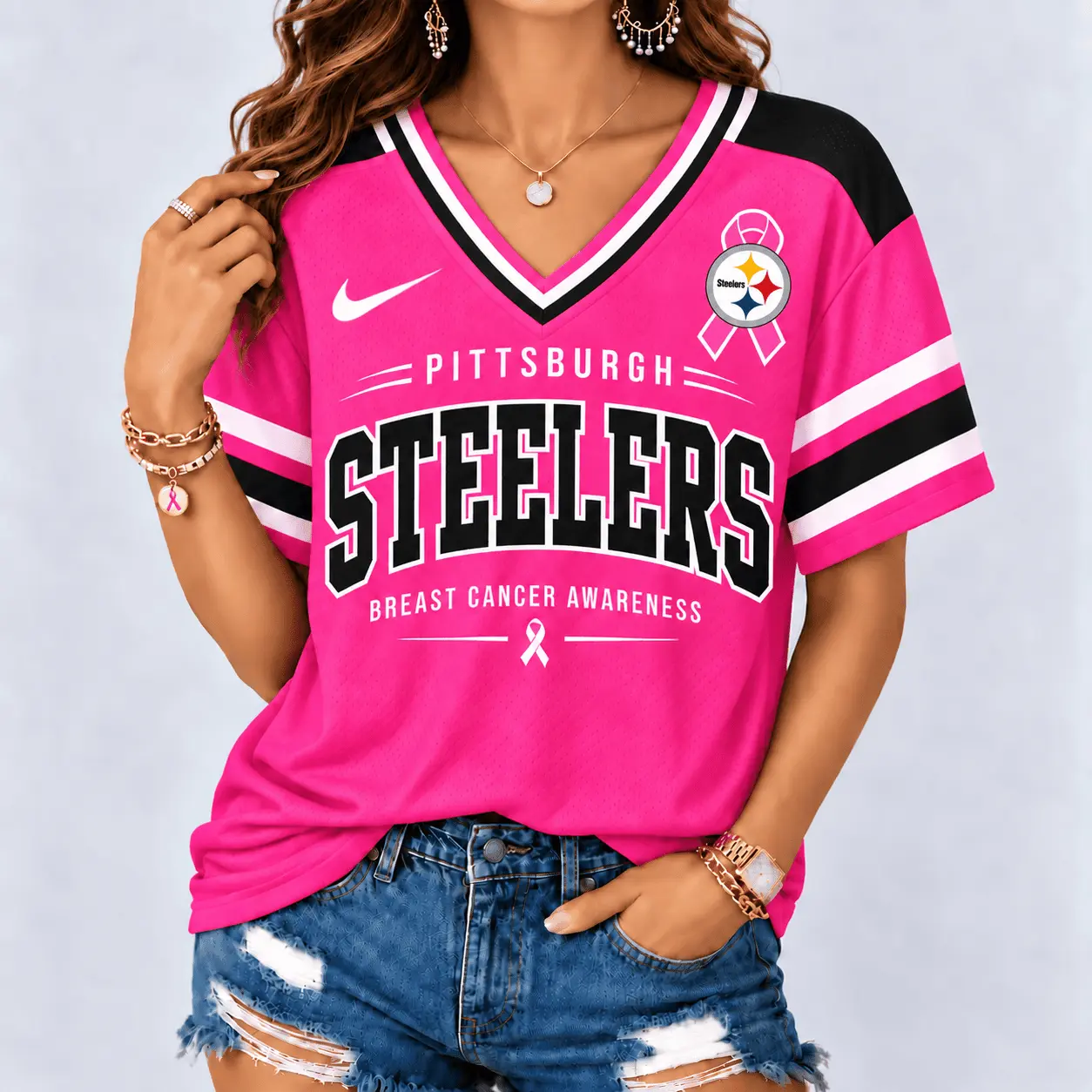 Pittsburgh Steelers | Premium NFL Pink Breast Cancer Awareness V-neck Shirt NY