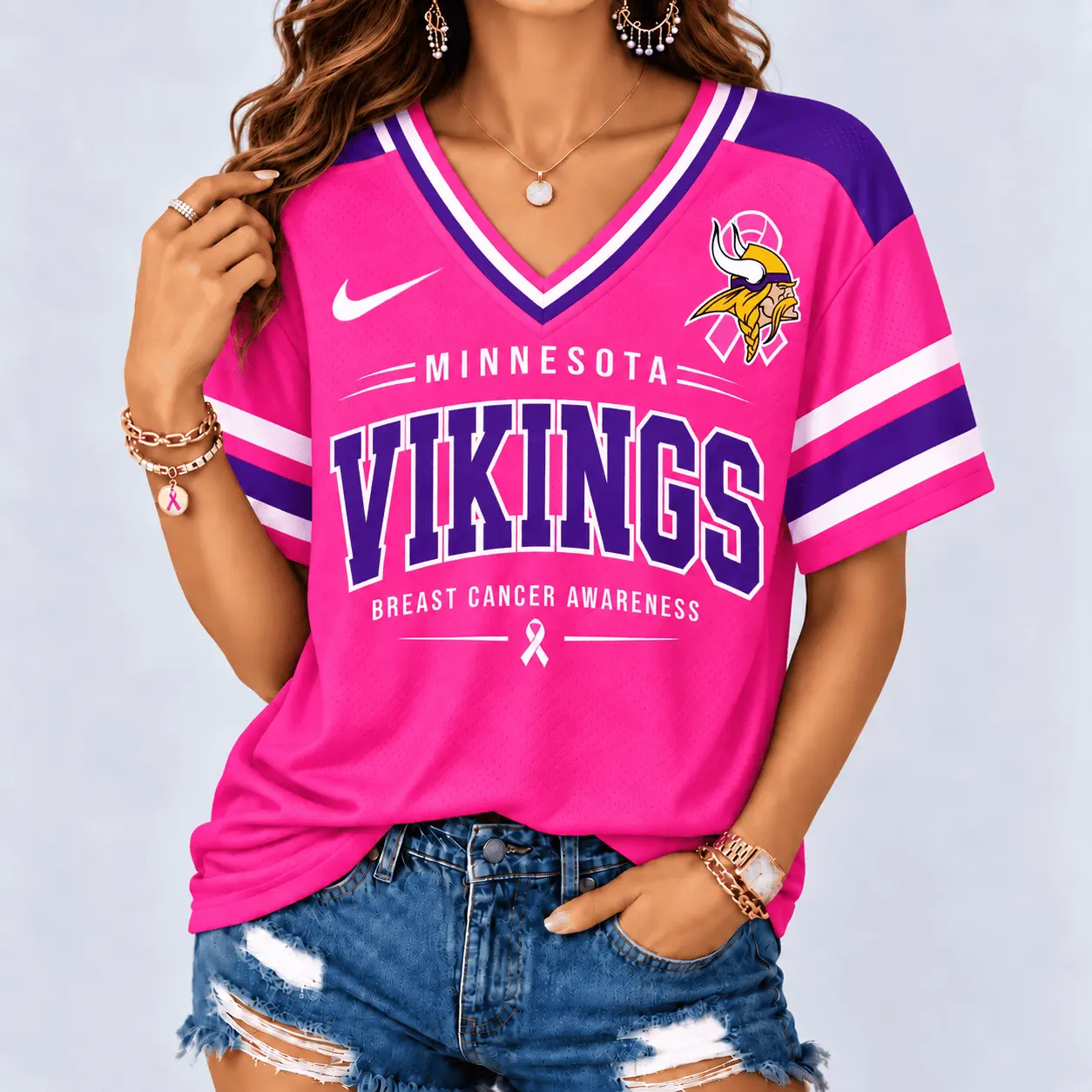 Minnesota Vikings | Premium NFL Pink Breast Cancer Awareness V-neck Shirt NY