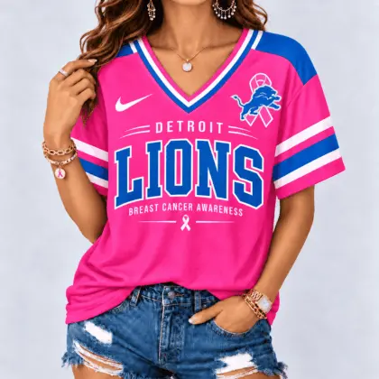 Detroit Lions | Premium NFL Pink Breast Cancer Awareness V-neck Shirt NY