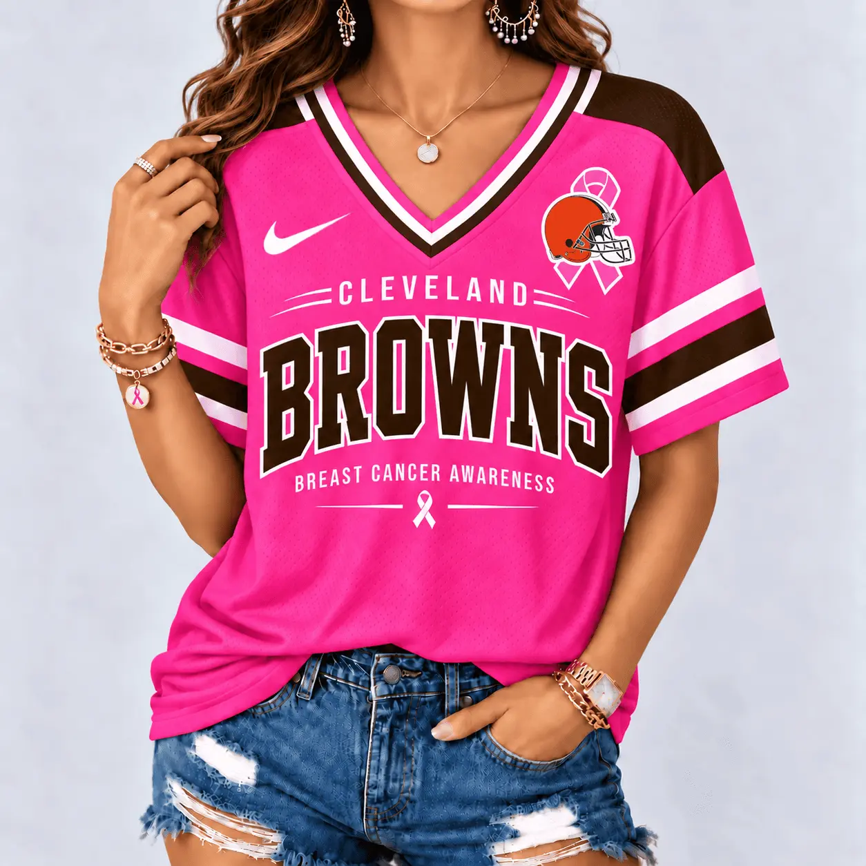 Cleveland Browns | Premium NFL Pink Breast Cancer Awareness V-neck Shirt NY