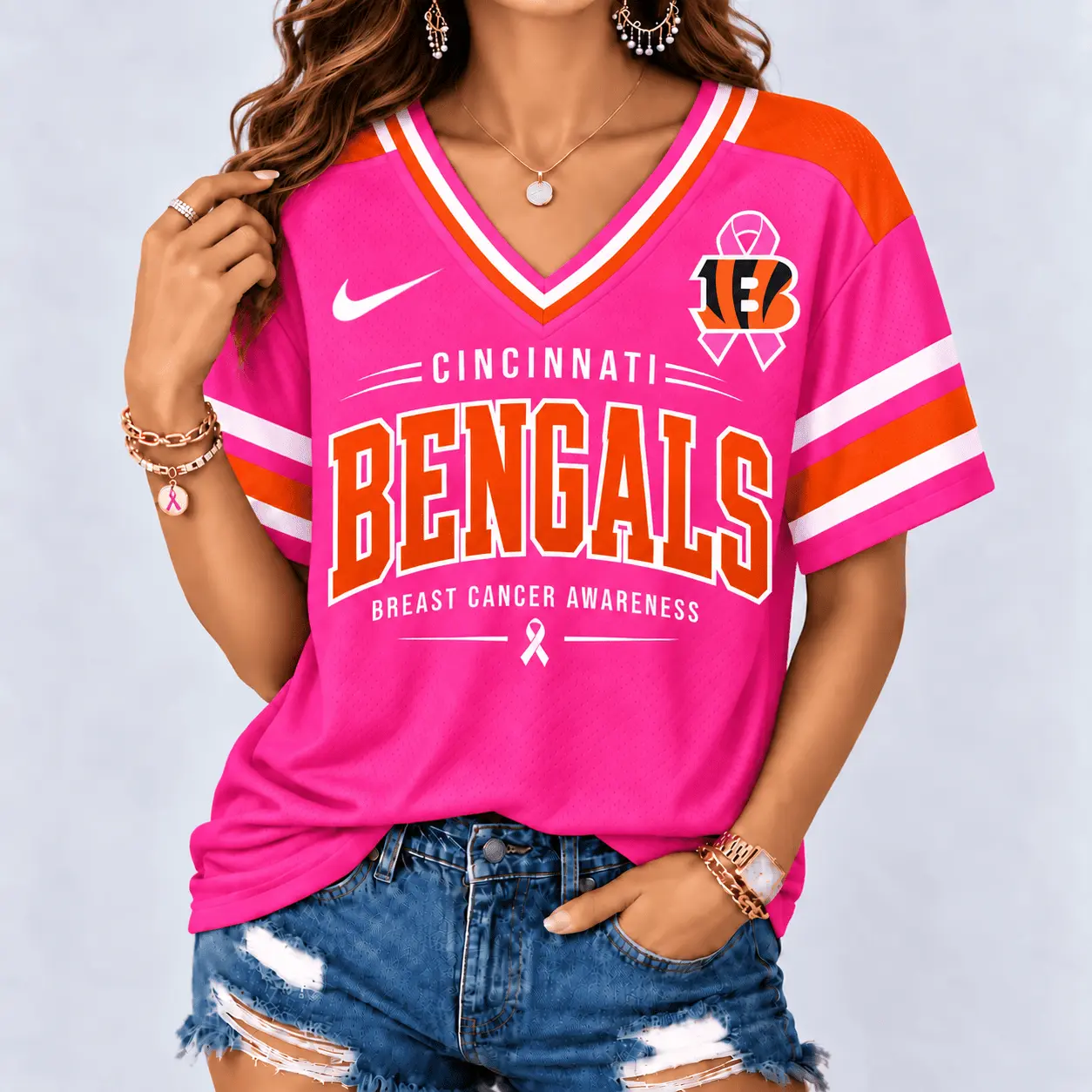 Cincinnati Bengals | Premium NFL Pink Breast Cancer Awareness V-neck Shirt NY